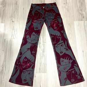 NWOT y2k black burgundy velvet graphic low rise flare pants sz 7 by HipChix VNTG